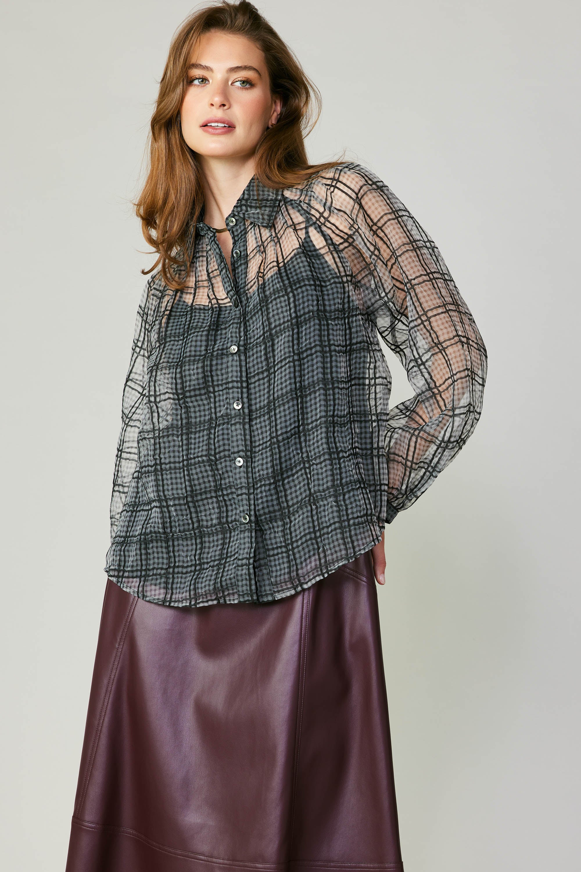 Windowpane Plaid Sheer Blouse