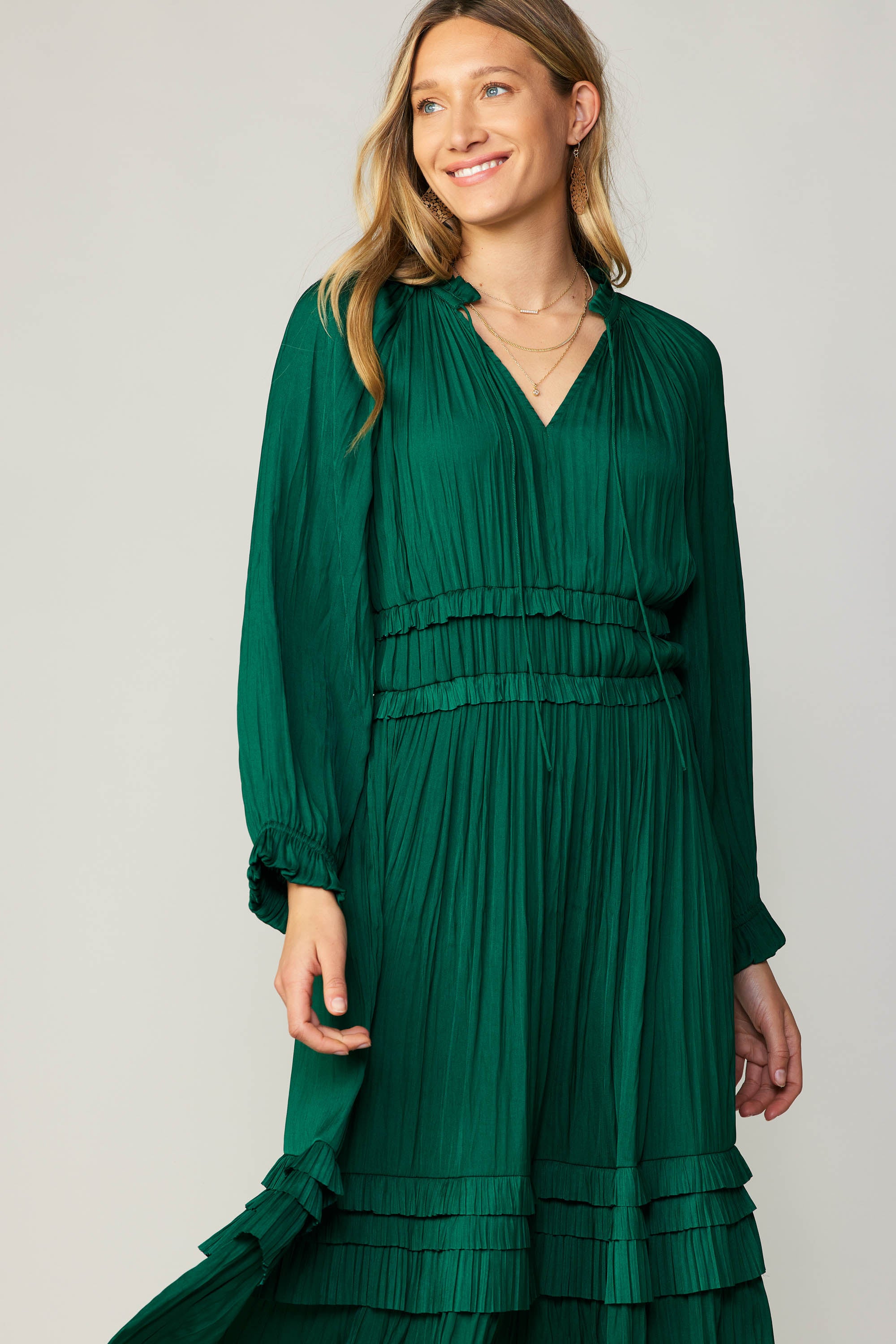 Emerald Green Pleated Midi Dress