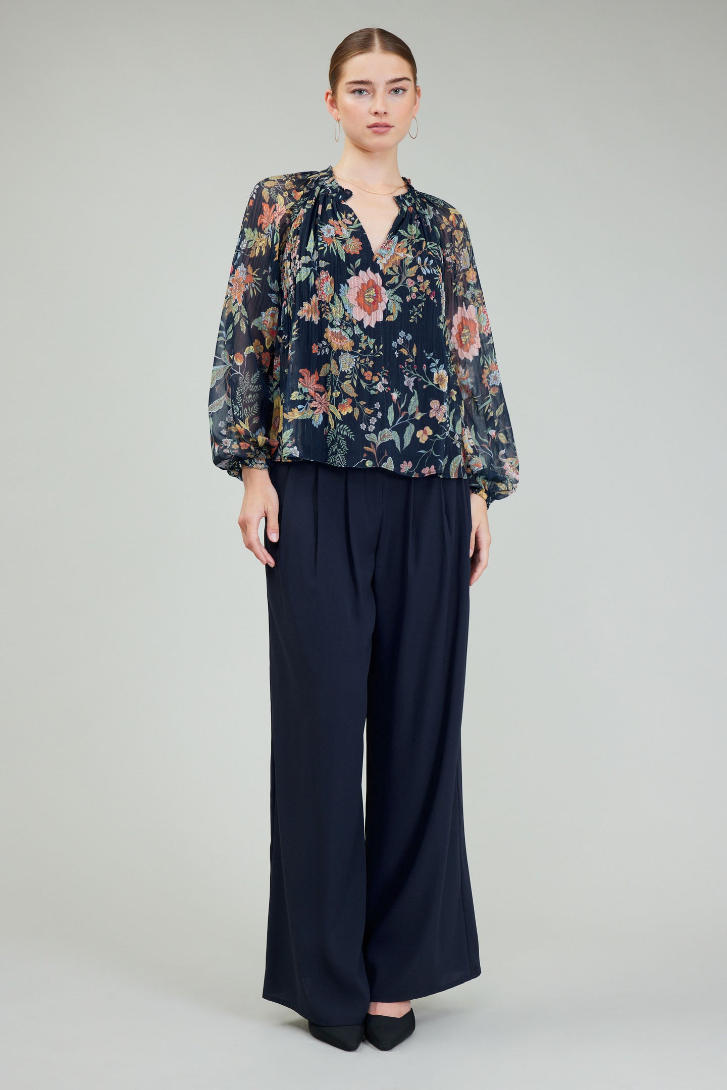 Botanical Printed Pleated Blouse