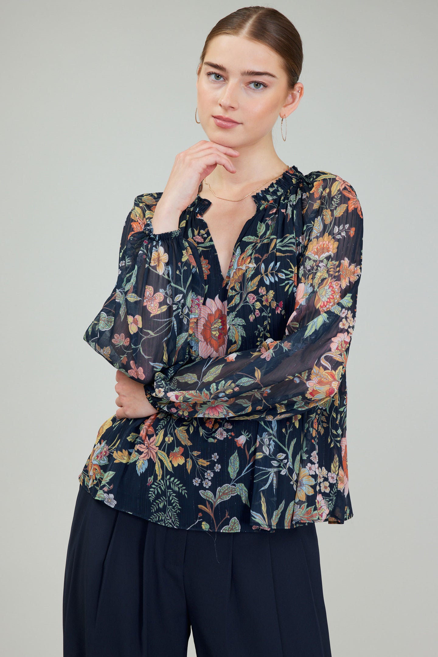 Botanical Printed Pleated Blouse