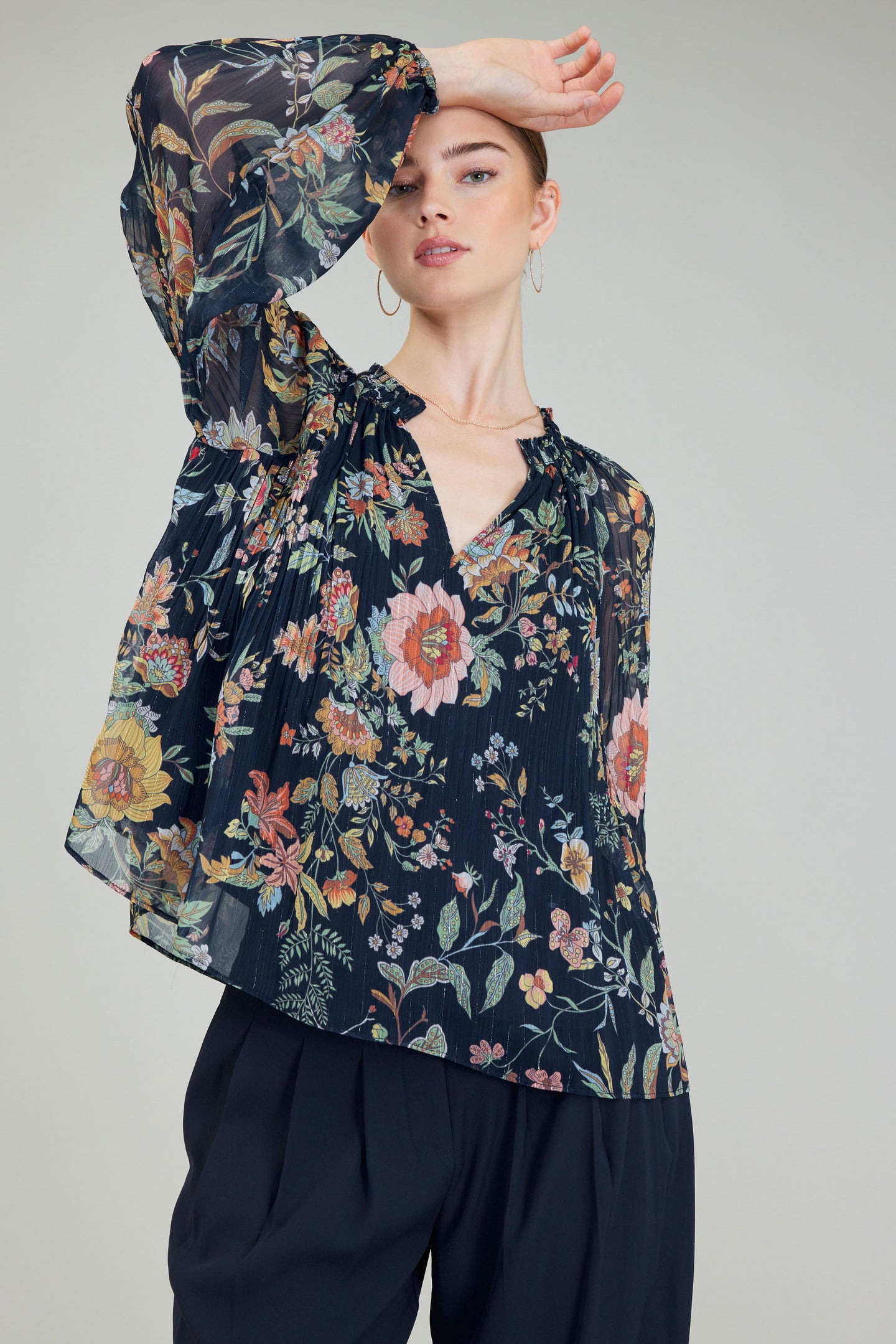 Botanical Printed Pleated Blouse