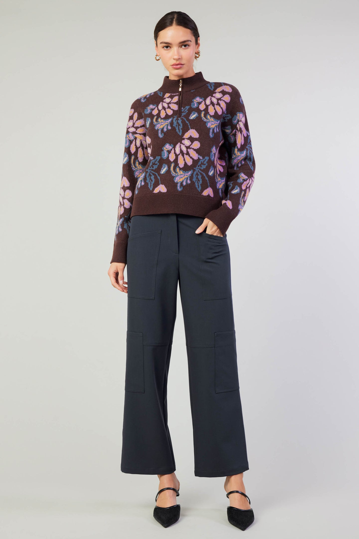 Floral Jacquard Zip Sweater