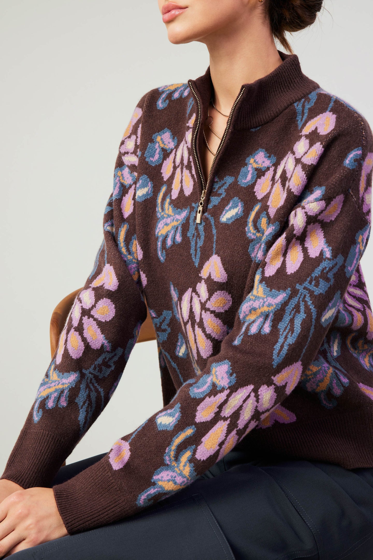 Floral Jacquard Zip Sweater