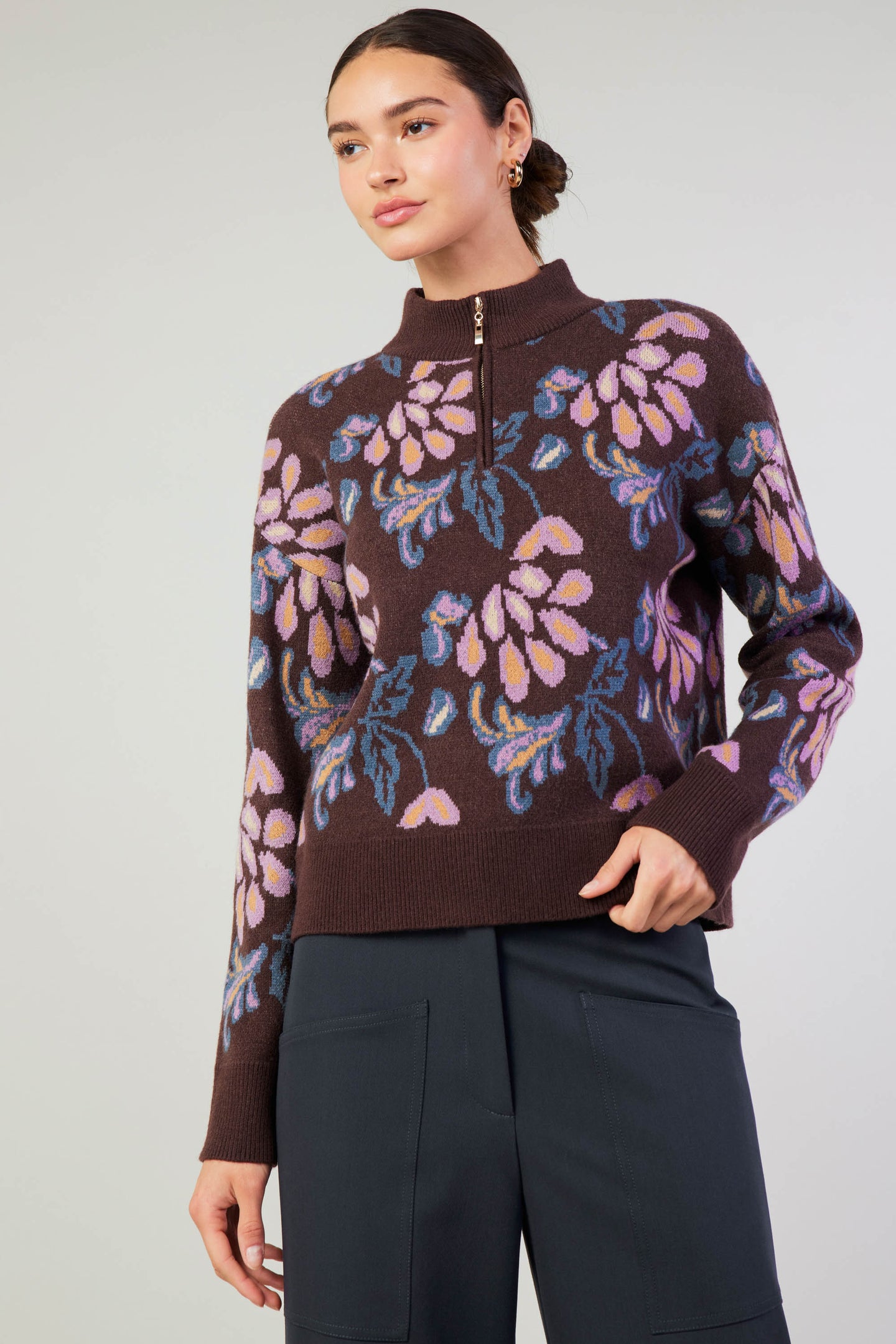 Floral Jacquard Zip Sweater