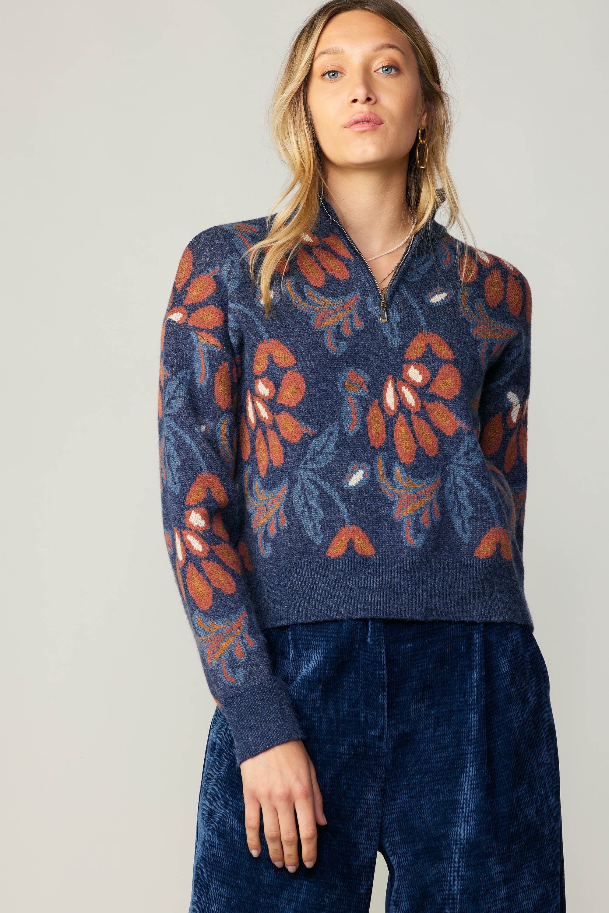 Floral Jacquard Zip Sweater