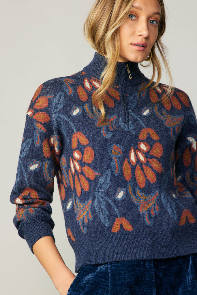 Floral Jacquard Zip Sweater