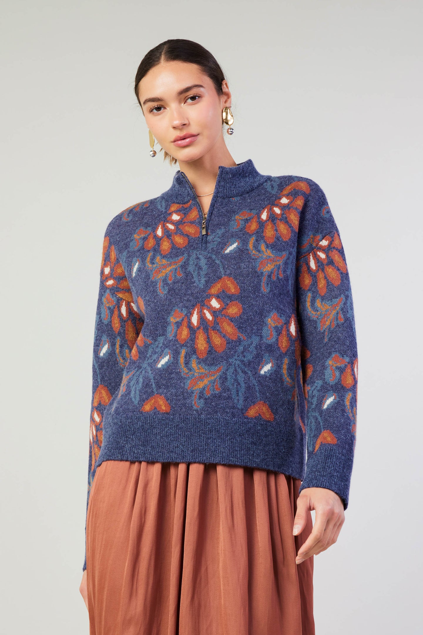 Floral Jacquard Zip Sweater