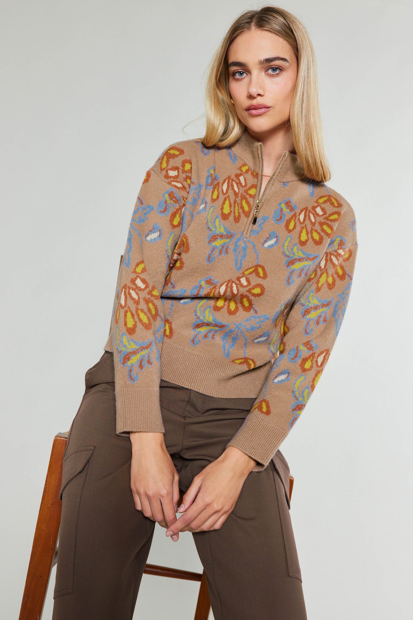 Floral Jacquard Zip Sweater