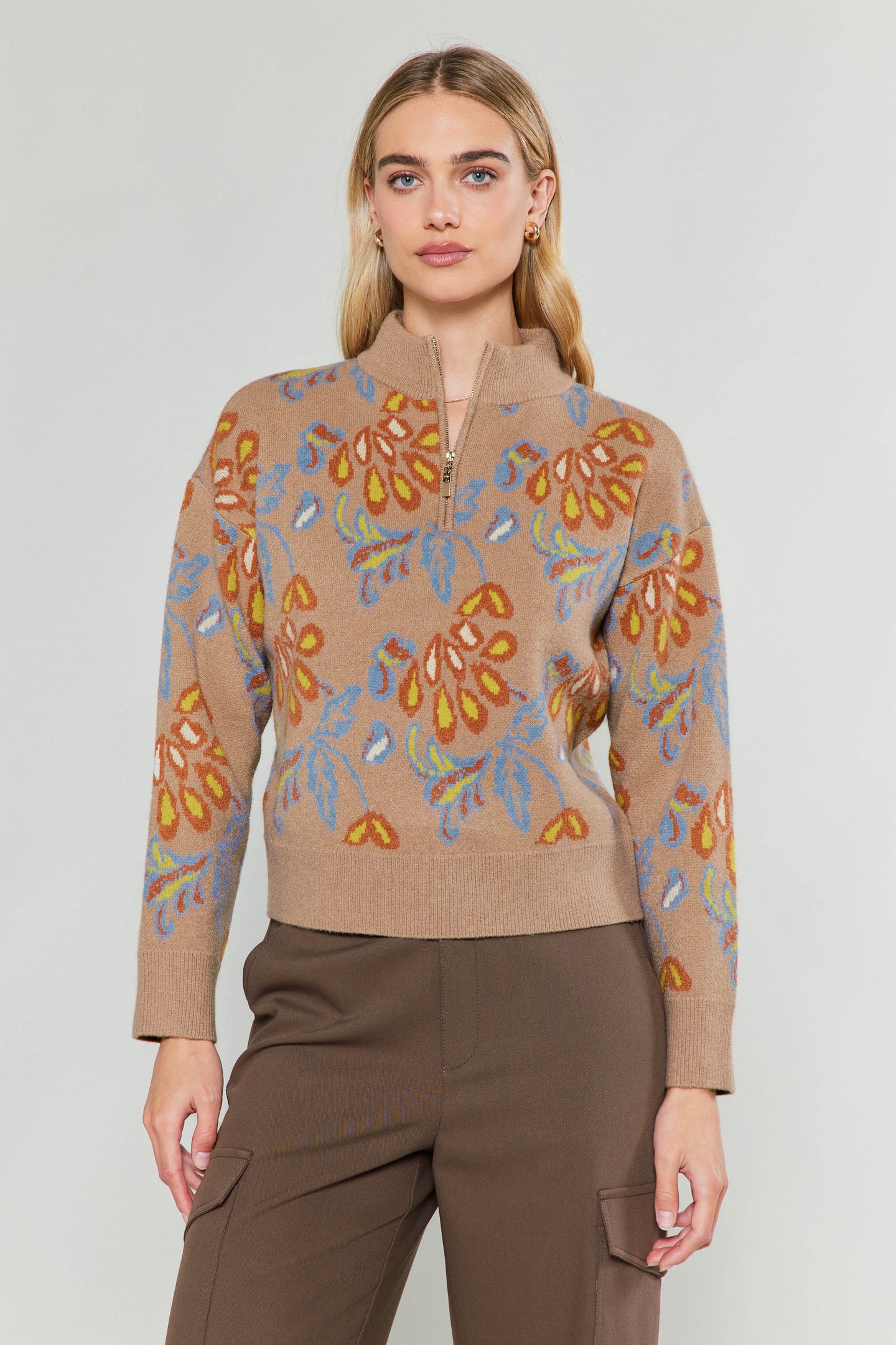 Floral Jacquard Zip Sweater