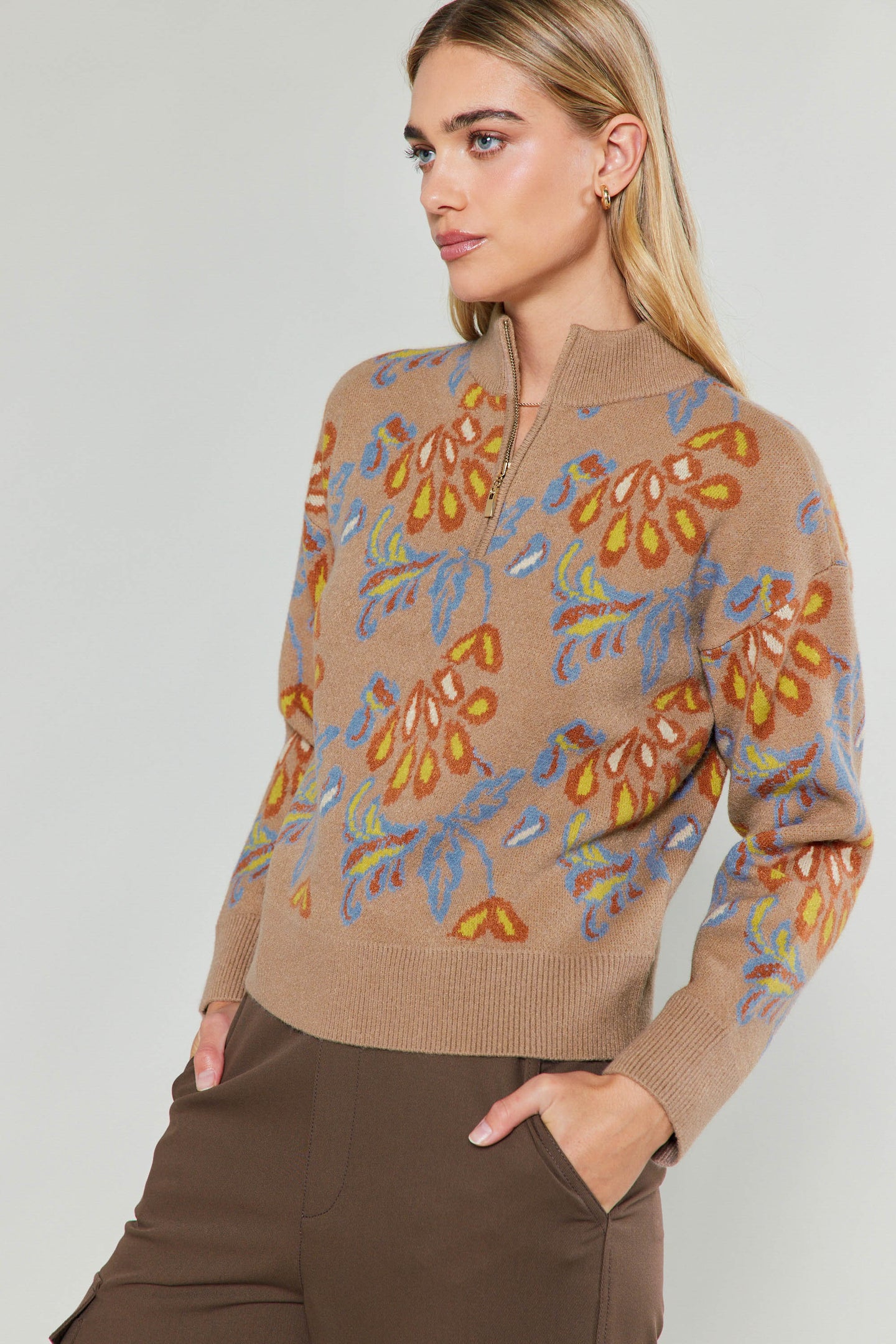 Floral Jacquard Zip Sweater