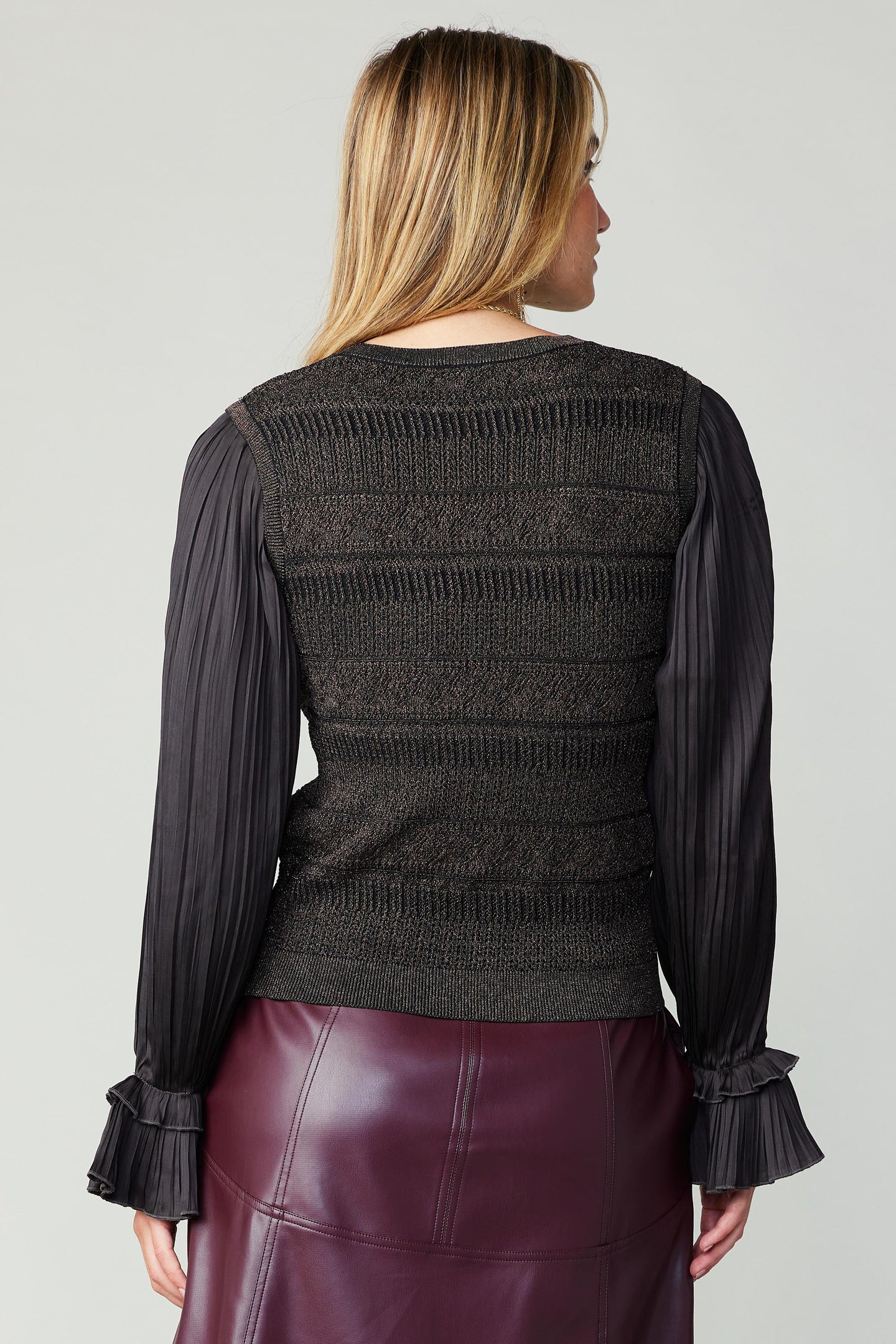 Pleated Sleeve Sweater Vest Blouse