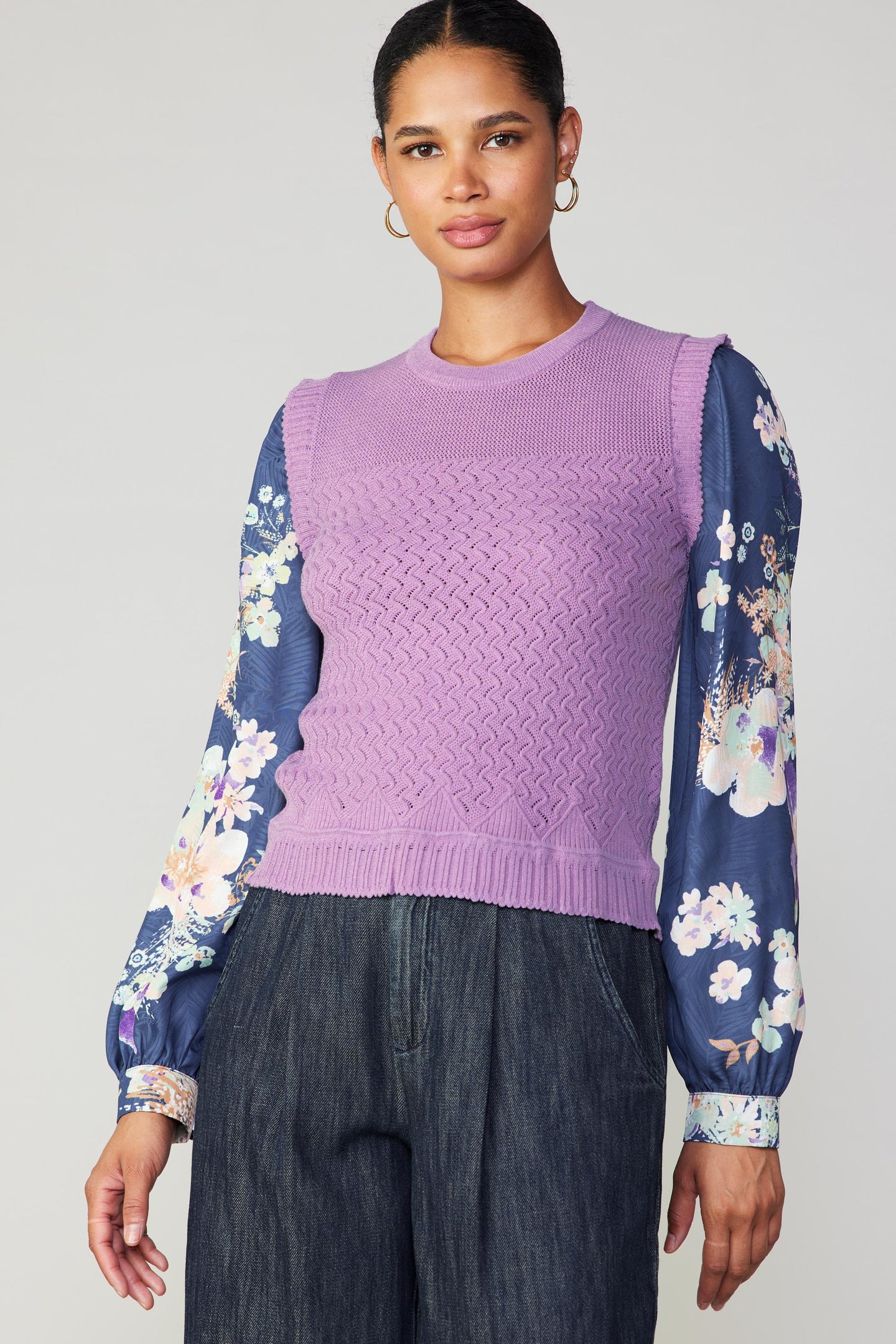 Floral Contrast Sleeve Sweater Top