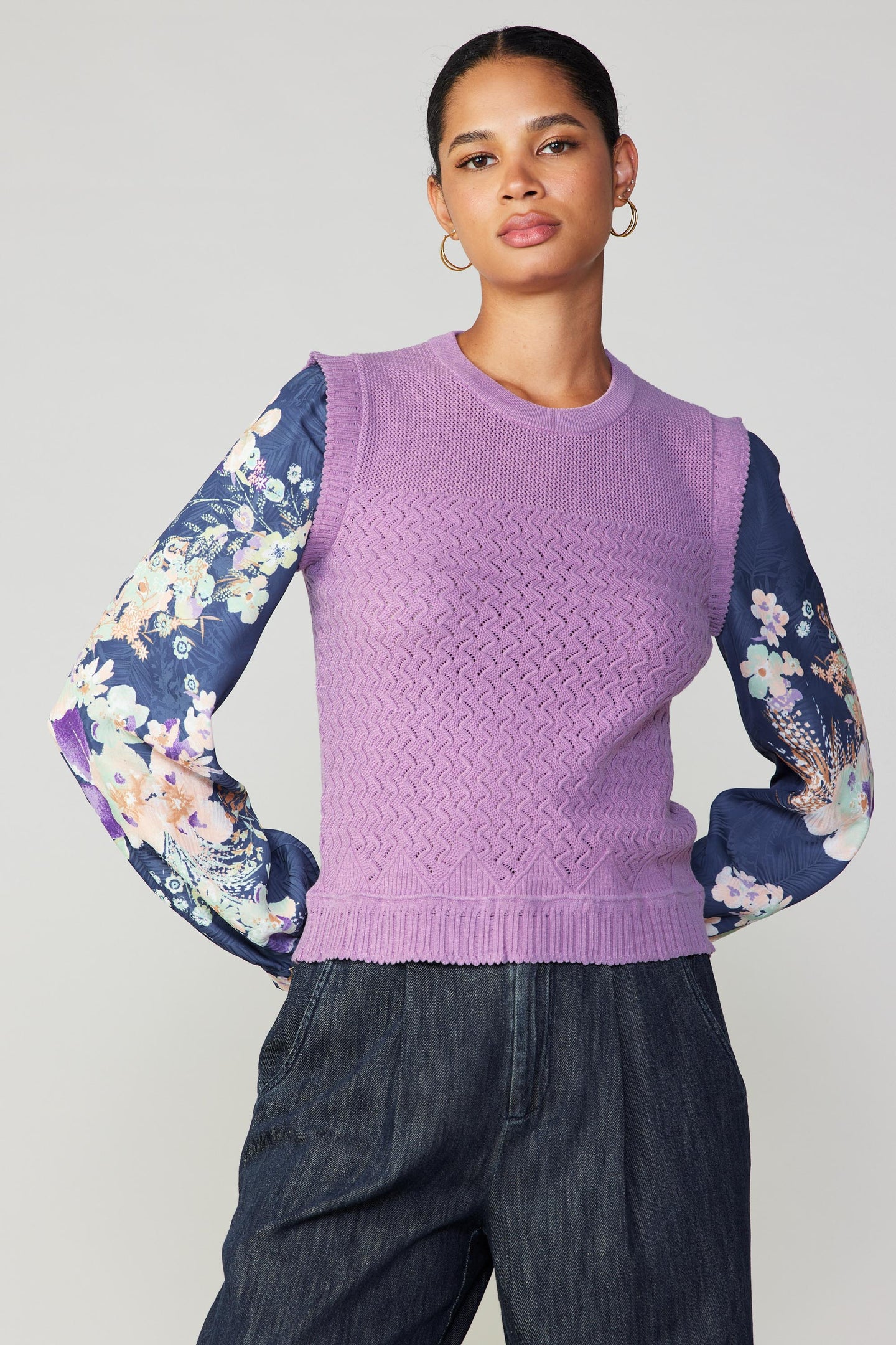 Floral Contrast Sleeve Sweater Top