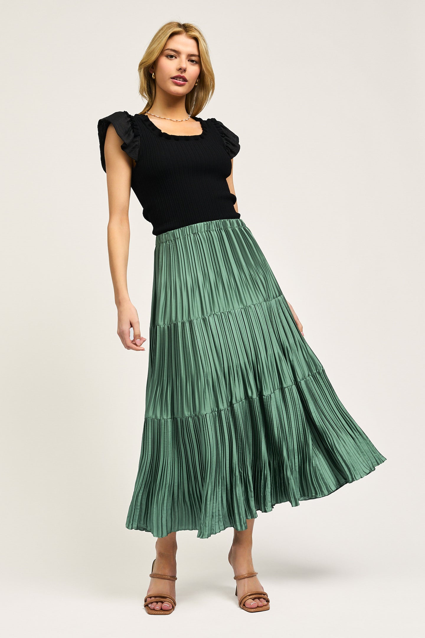 Pleated Tiered Midi Skirt