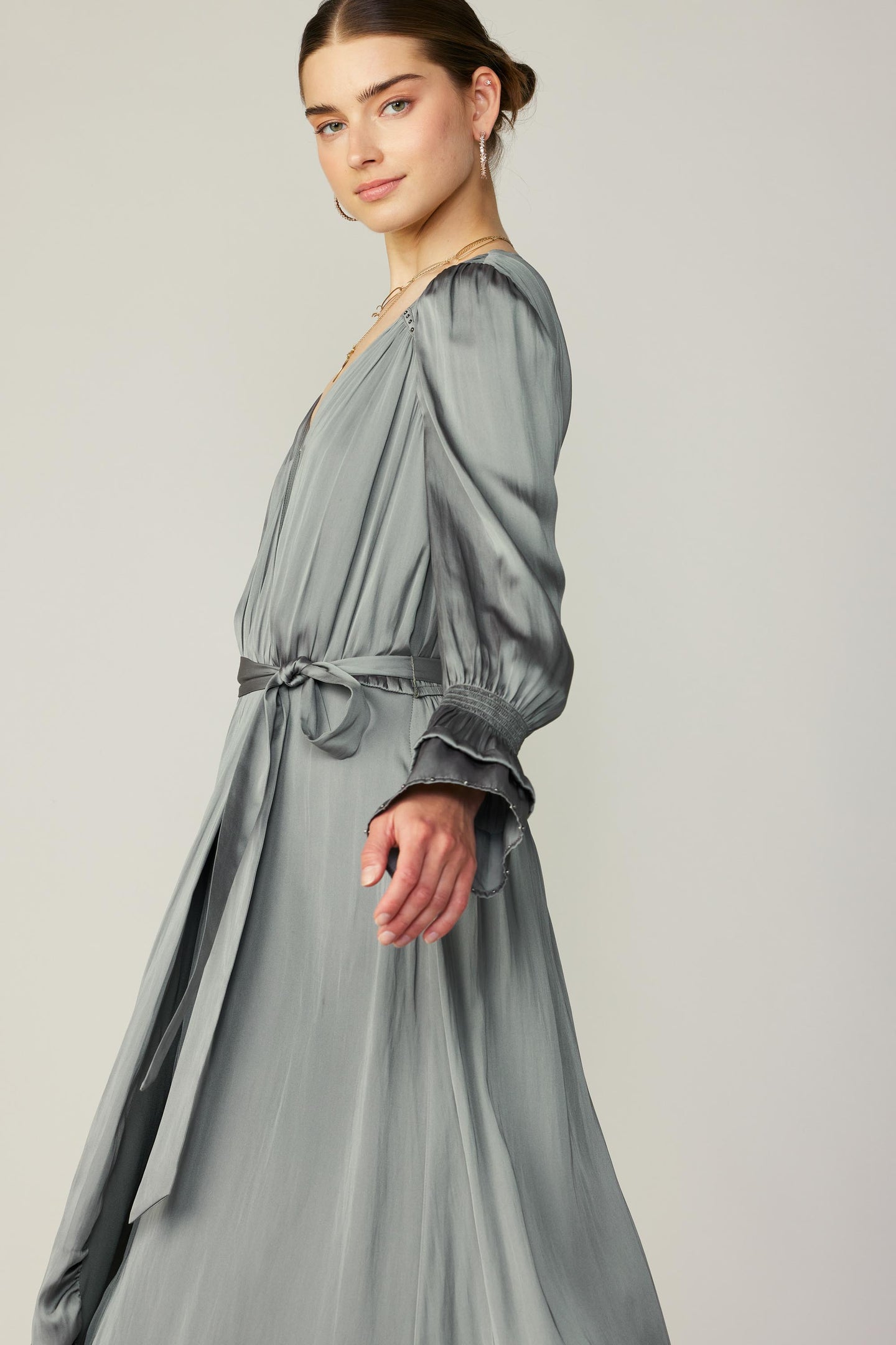 Tiered Sleeve Wrap Midi Dress