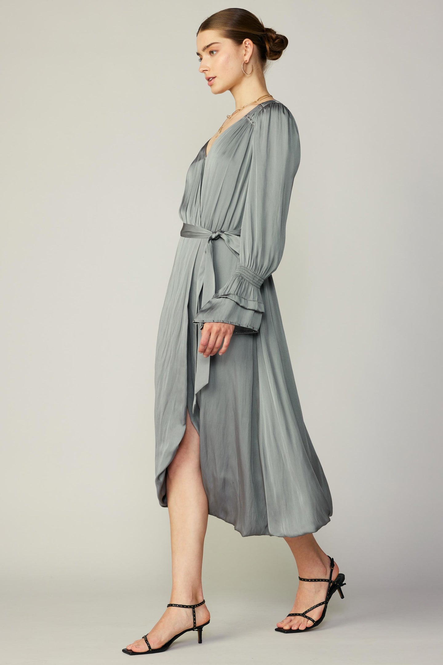 Tiered Sleeve Wrap Midi Dress