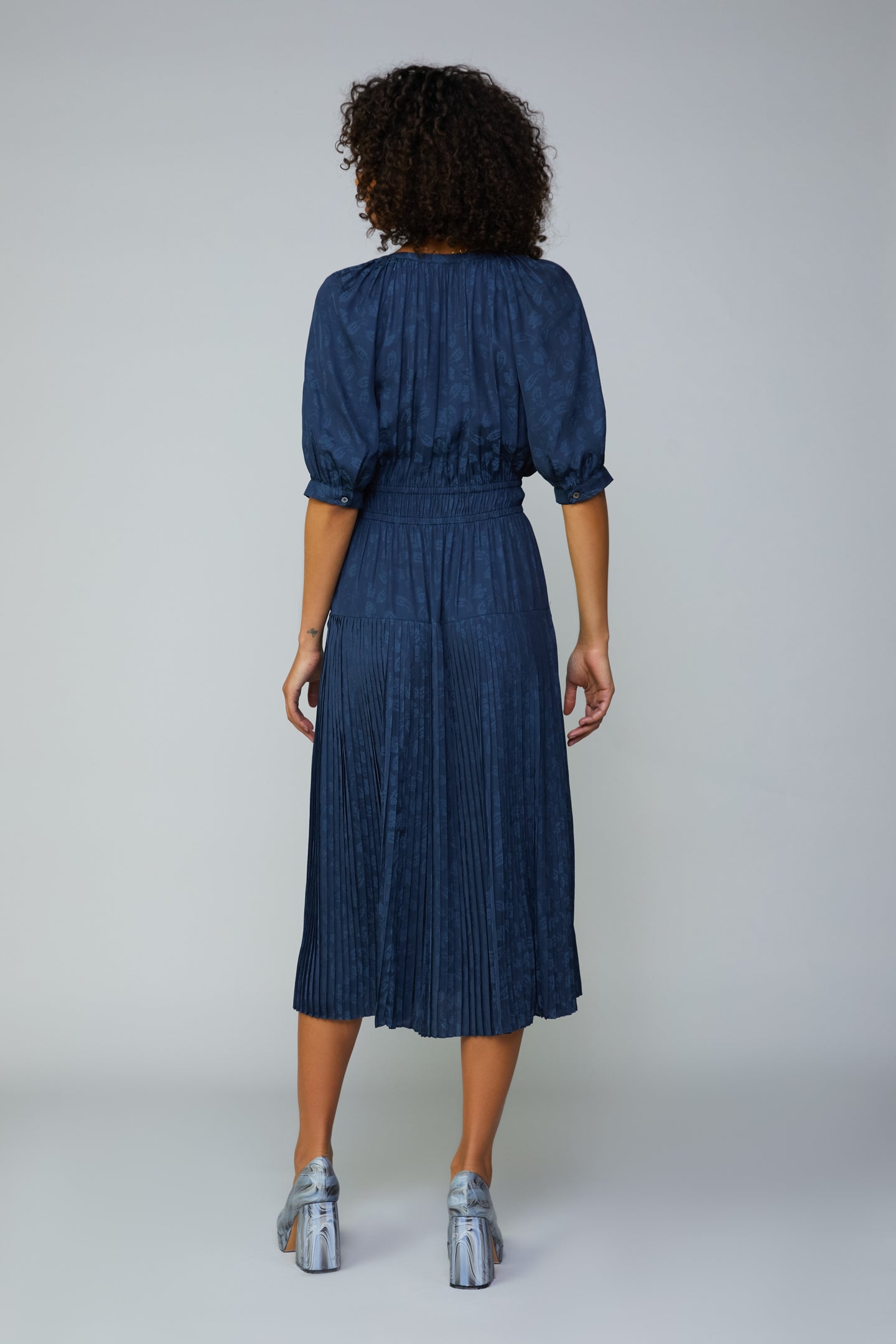 Pleated Skirt Jacquard Midi Dress