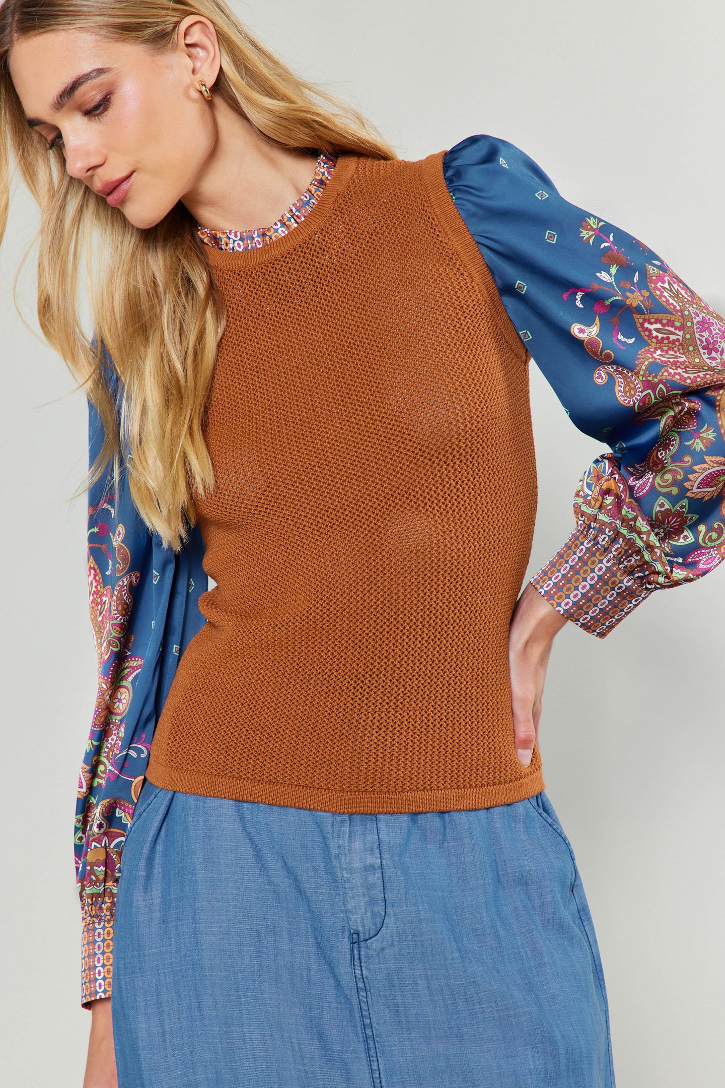 Paisley Contrast Sleeve Knit Top