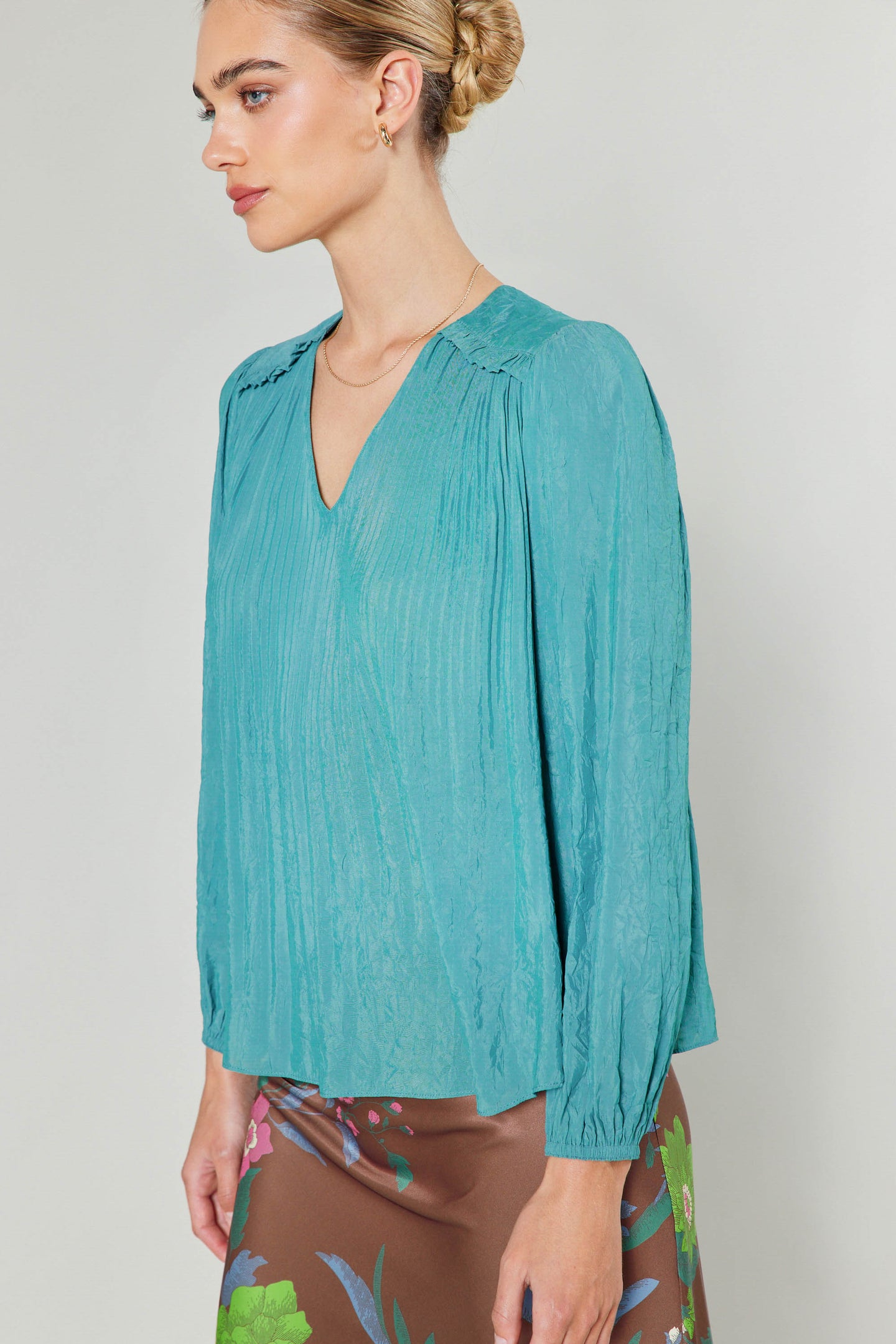 Pleated Ruffled Yoke Blouse