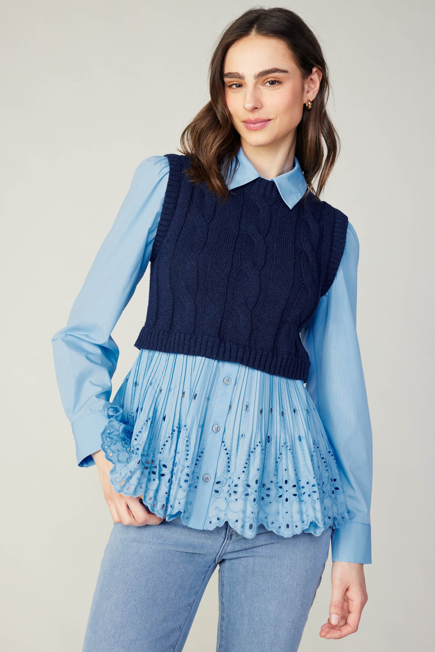 Contrast Knit Eyelet Top