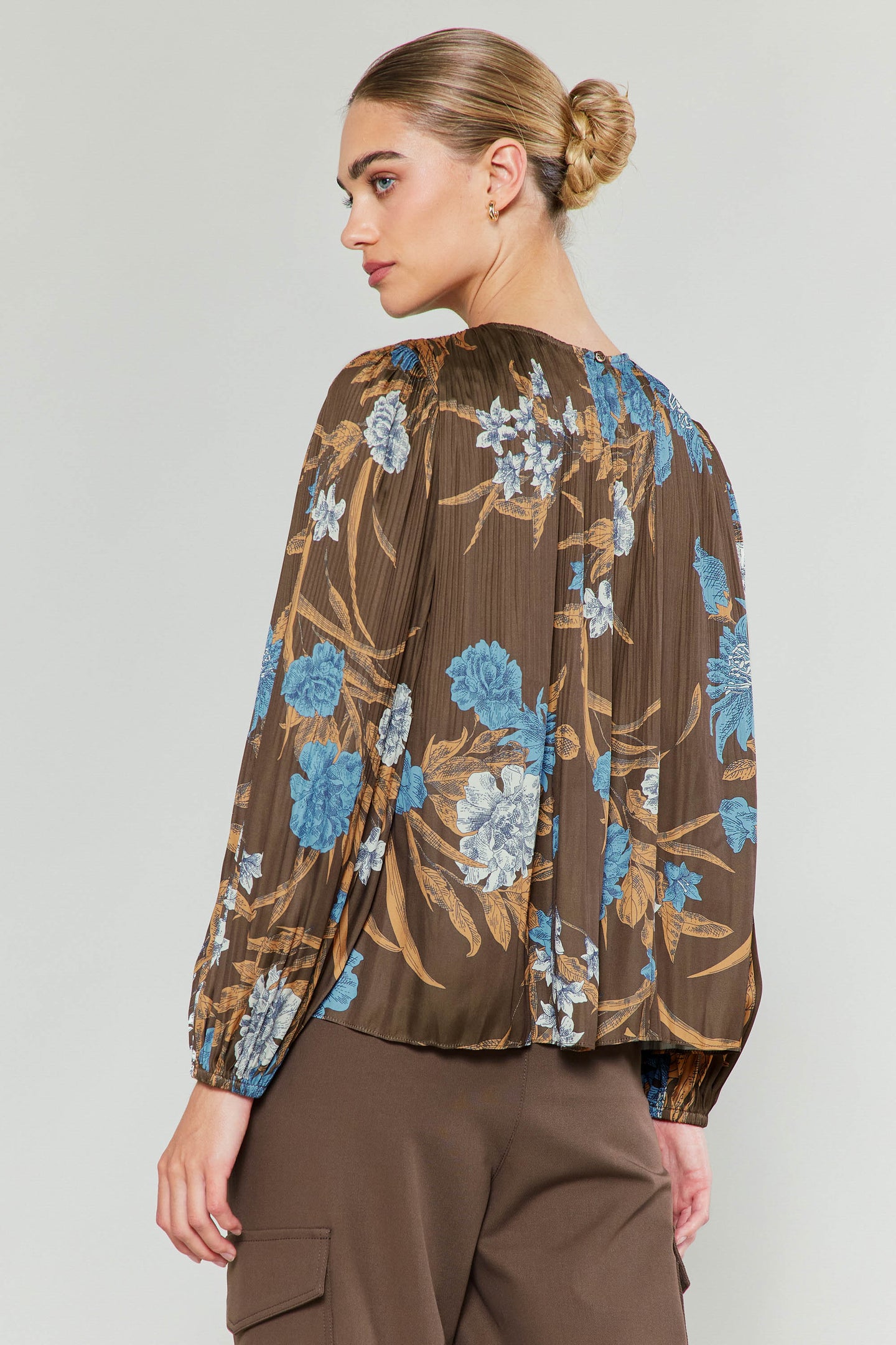 Pleated Botanical Print Blouse