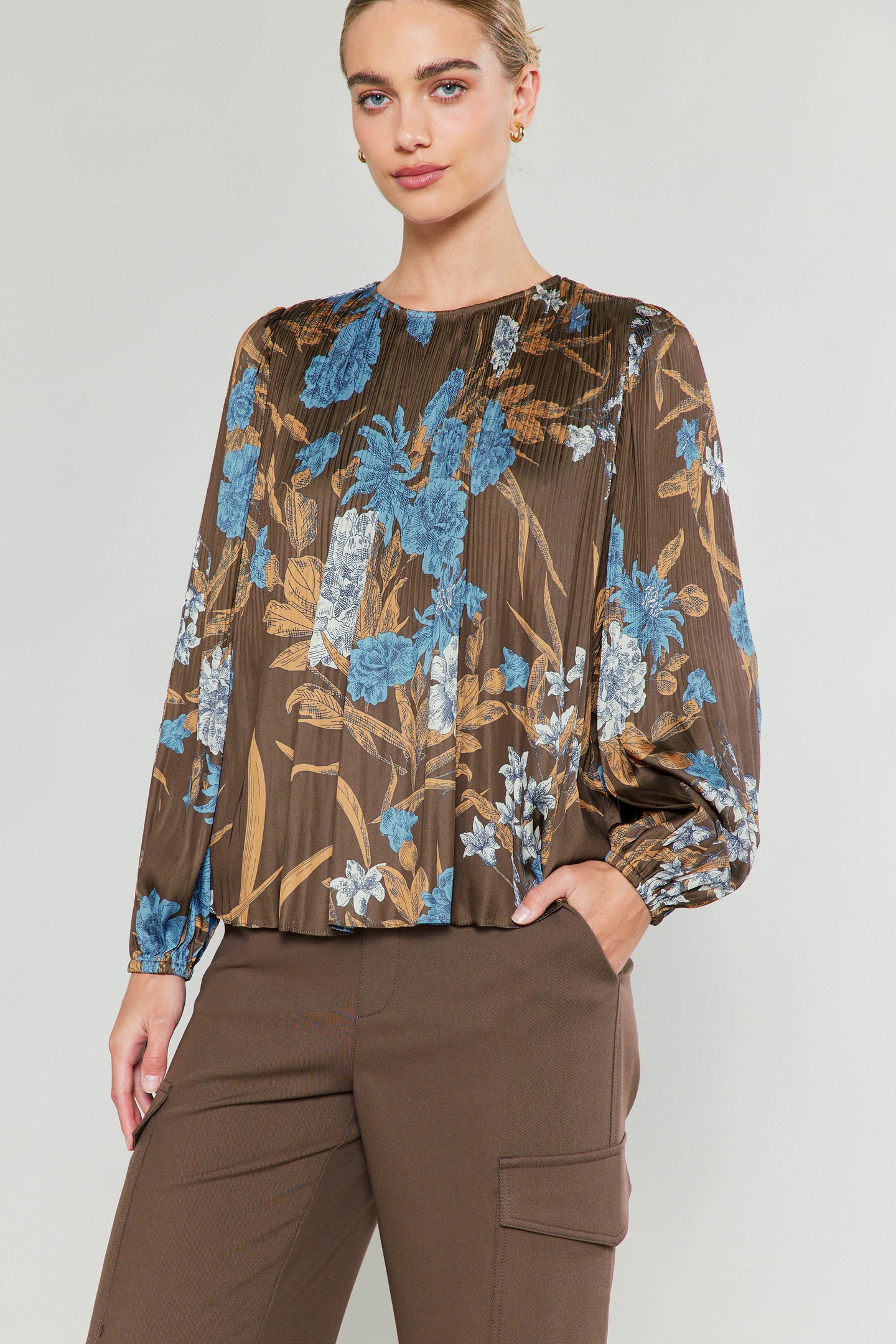 Pleated Botanical Print Blouse