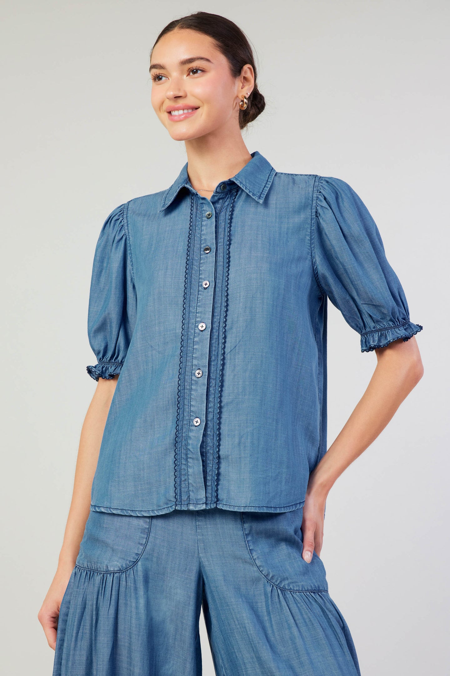 Picot Stitch Chambray Top