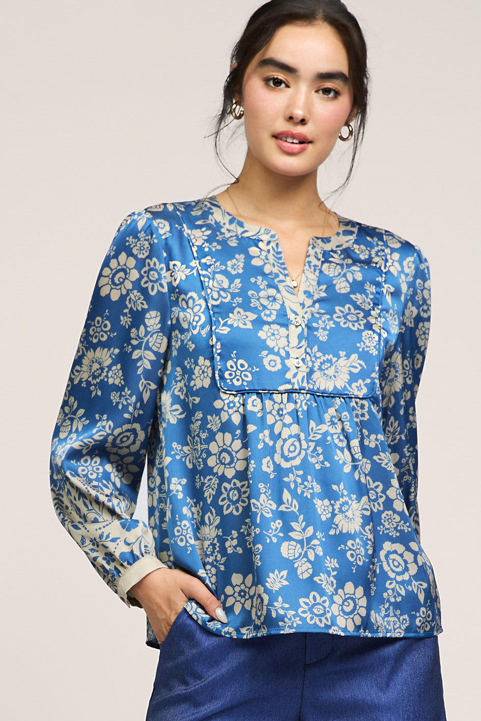 Floral Print Placket Blouse