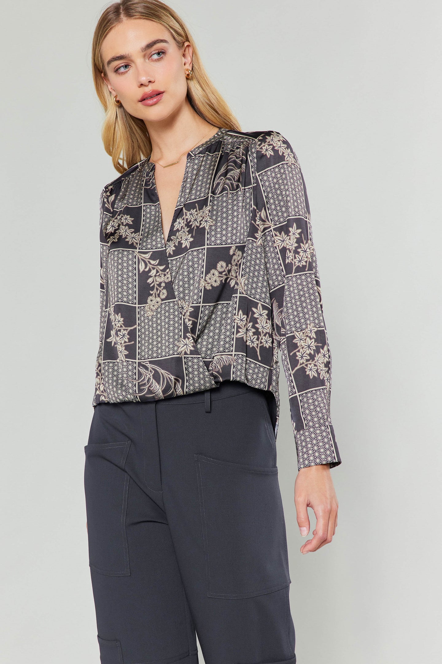 Mandarin Collar Surplice Blouse