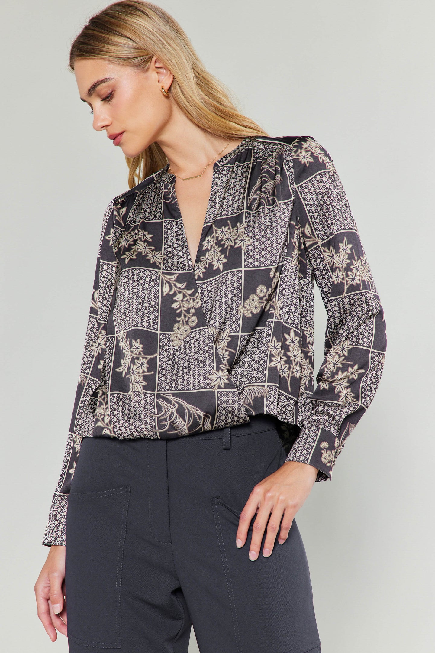 Mandarin Collar Surplice Blouse