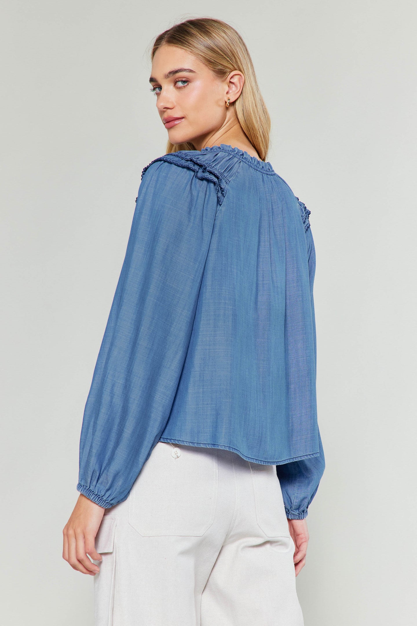 Chambray Picot Stitched Blouse