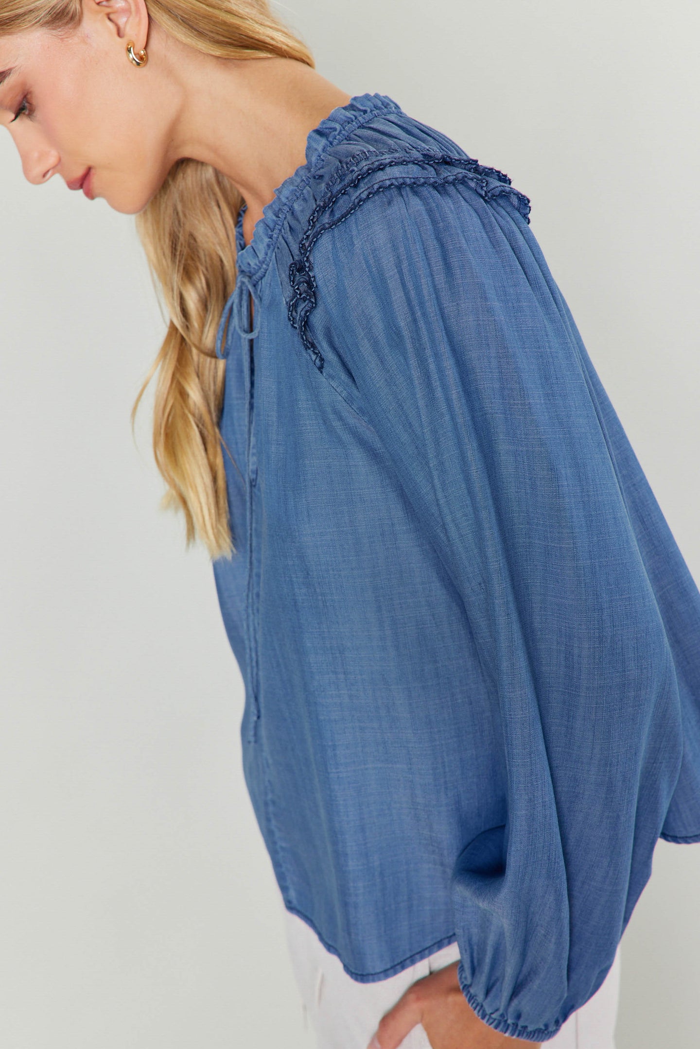 Chambray Picot Stitched Blouse