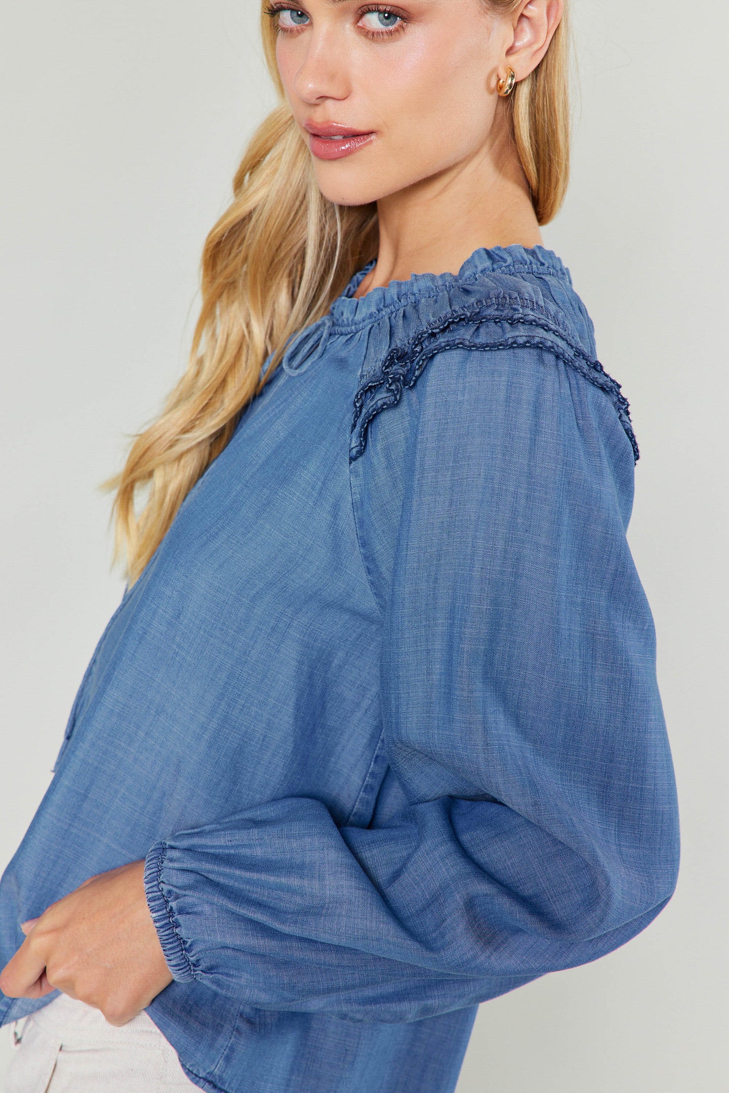 Chambray Picot Stitched Blouse