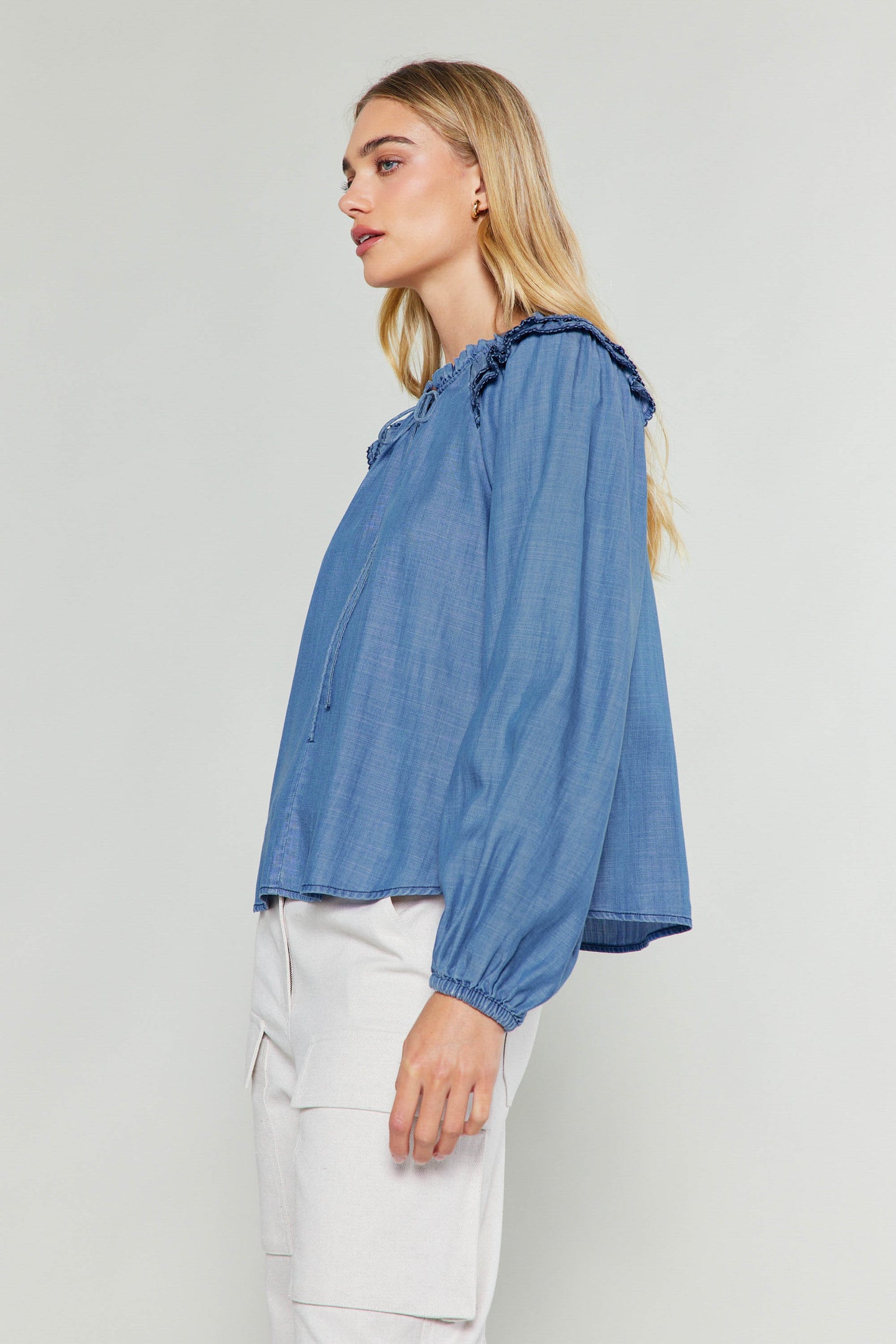 Chambray Picot Stitched Blouse