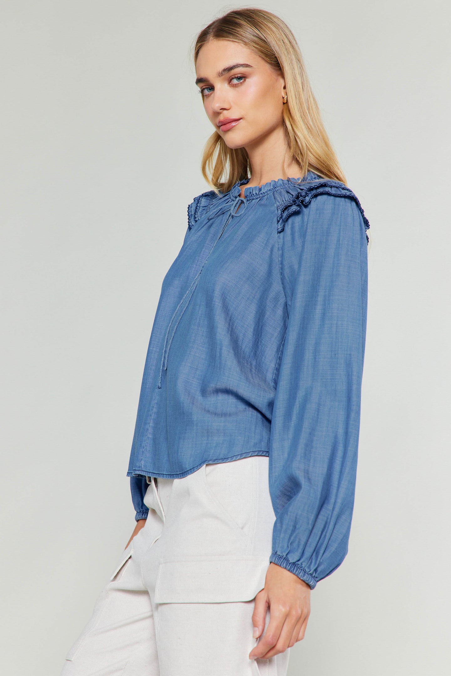 Chambray Picot Stitched Blouse