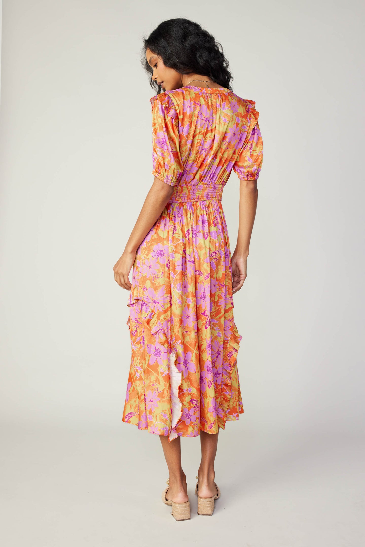 Ruffled Shoulder Floral Midi Dress