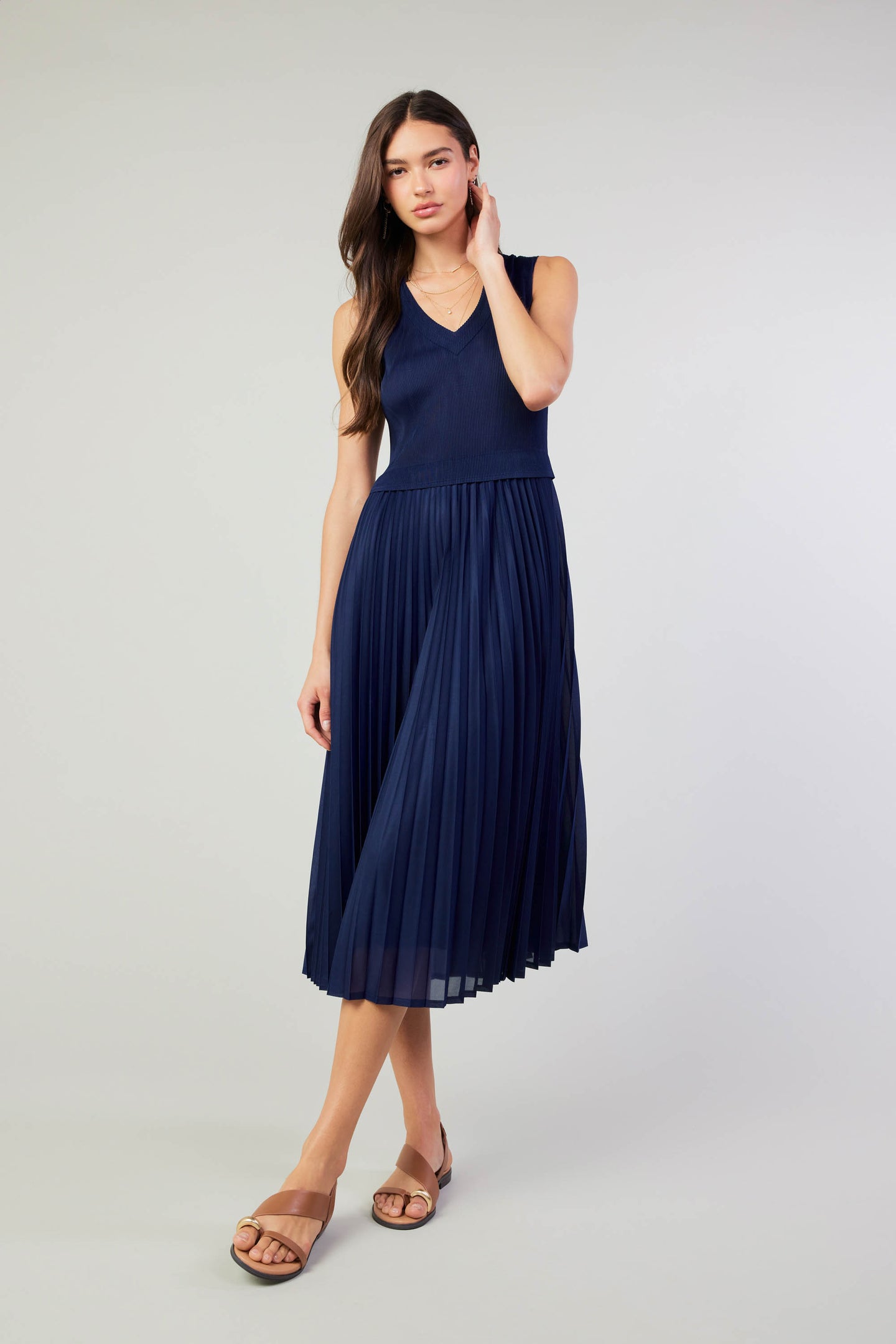 Cari Ribbed Contrast Pleated Dress