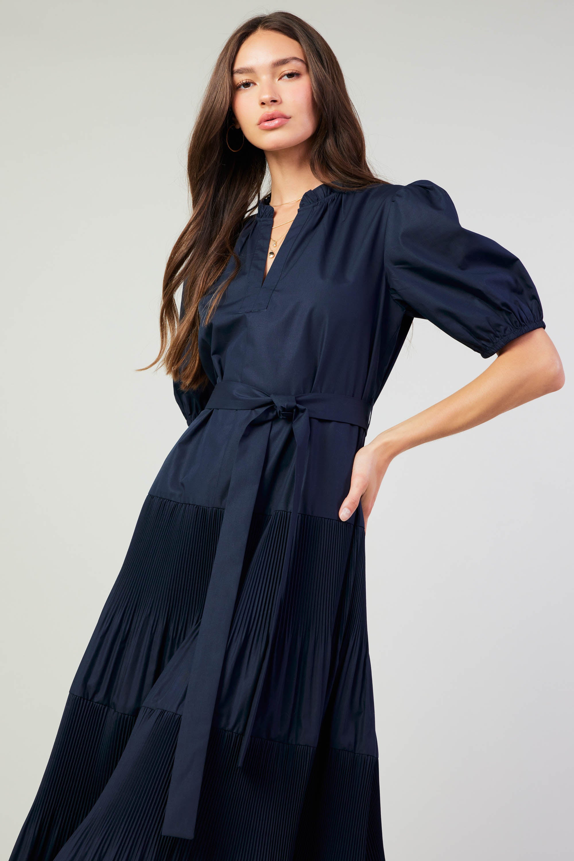 Navy pleated midi dress fashion