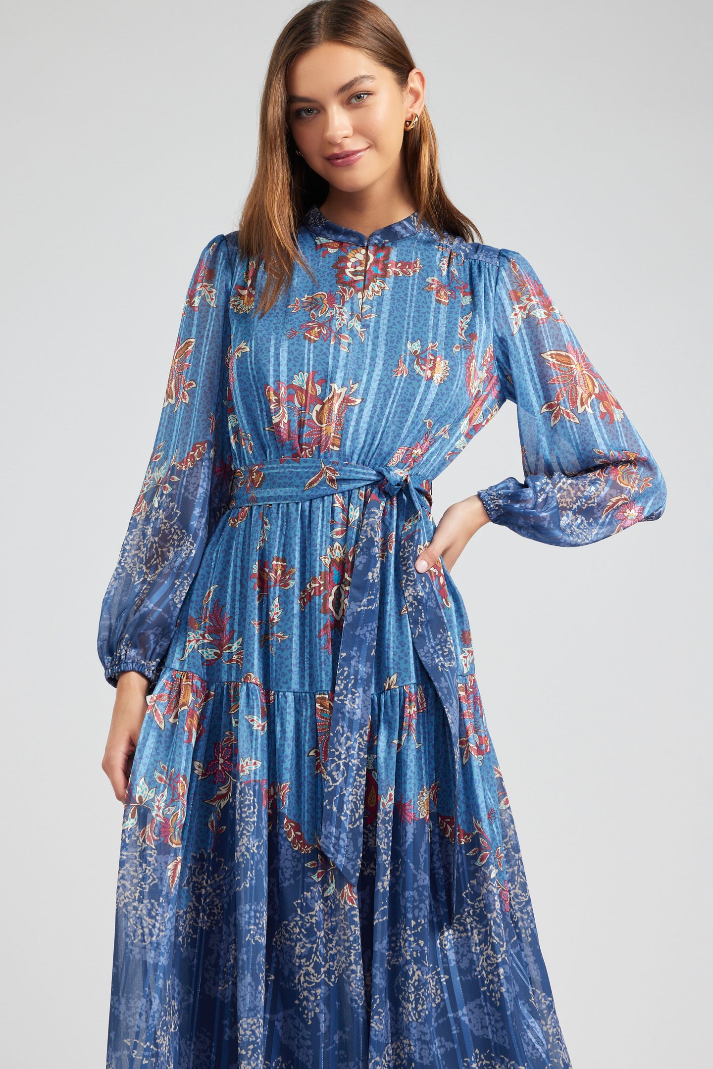 Floral Mandarin Collar Midi Dress