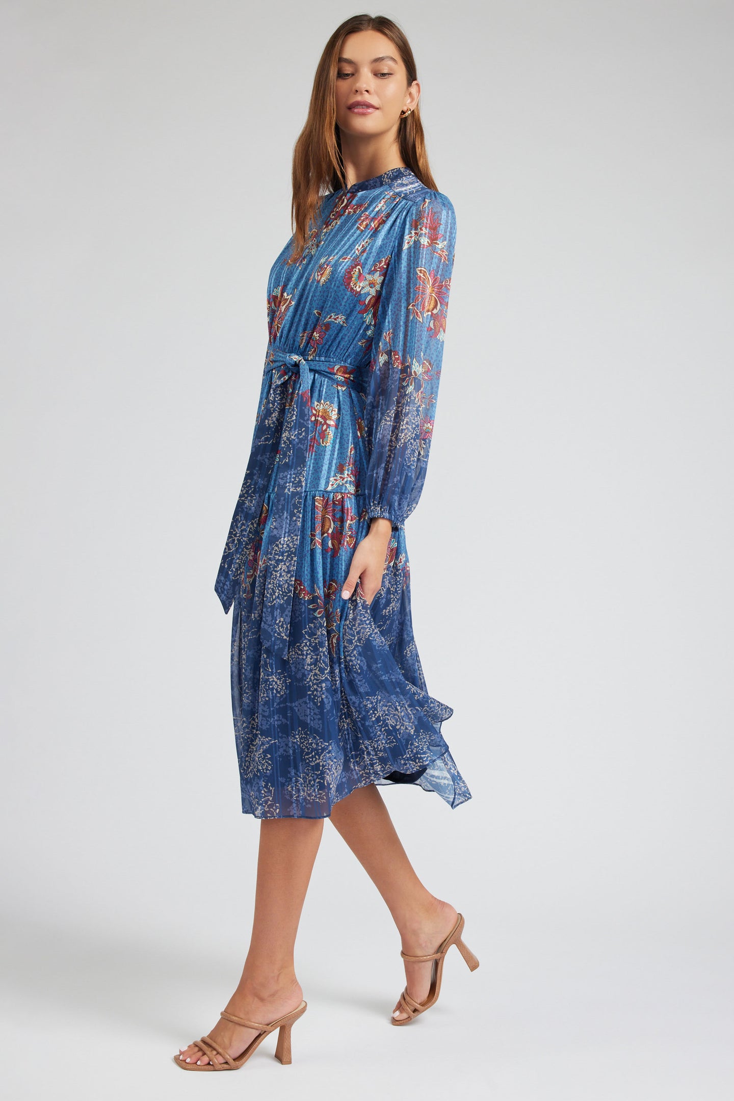 Floral Mandarin Collar Midi Dress