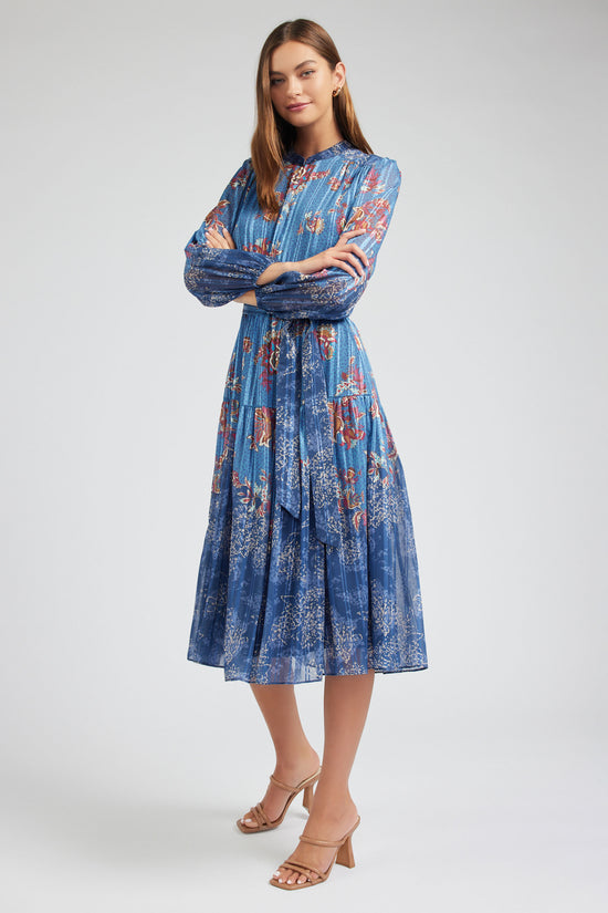 Floral Mandarin Collar Midi Dress