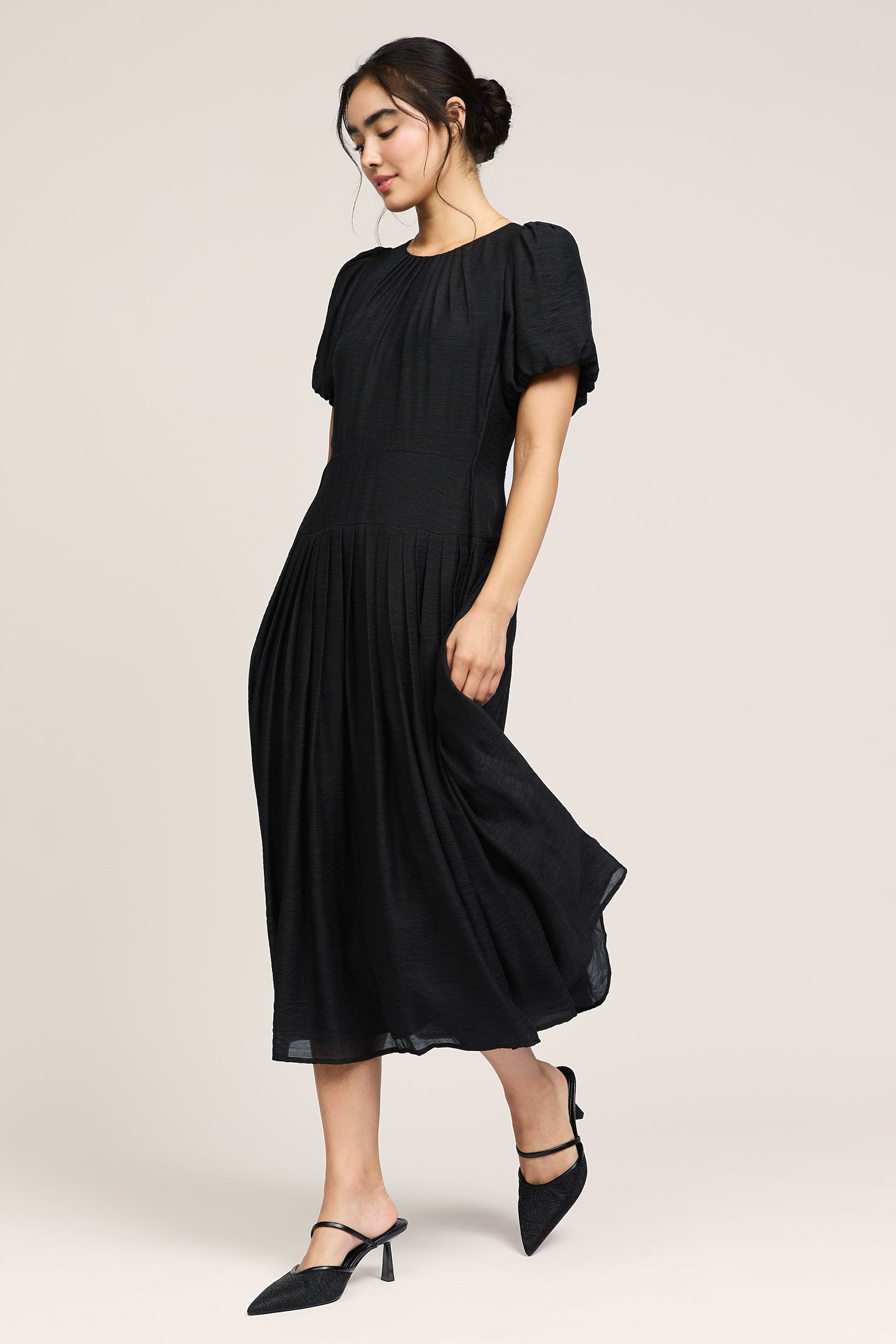 Pleated Smocked Waist Midi Dress