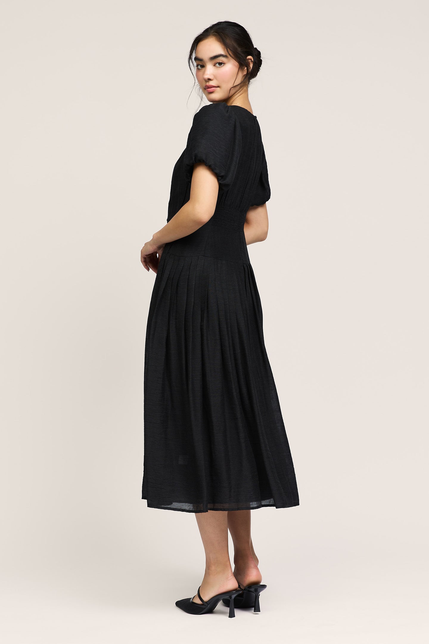 Pleated Smocked Waist Midi Dress