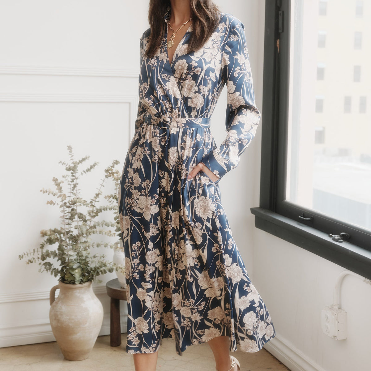 slim fit dress slacks Blue Floral Short Sleeve Midi Dress - All Dresses main image 0