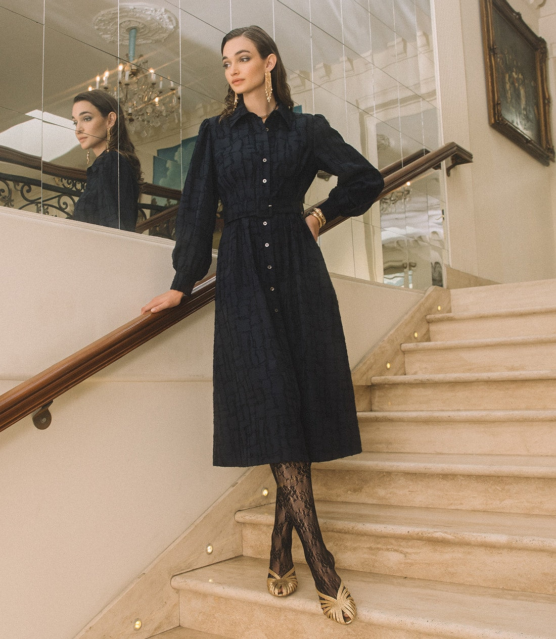 Navy Button-Down Midi Dress with Long Sleeves