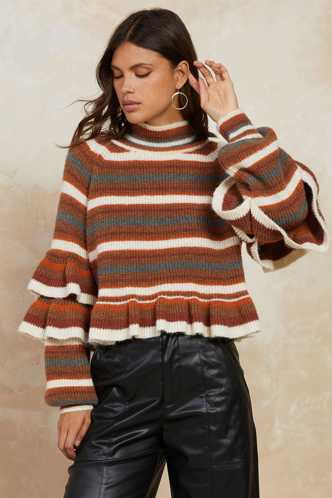 Striped Ruffled Mock Neck Sweater