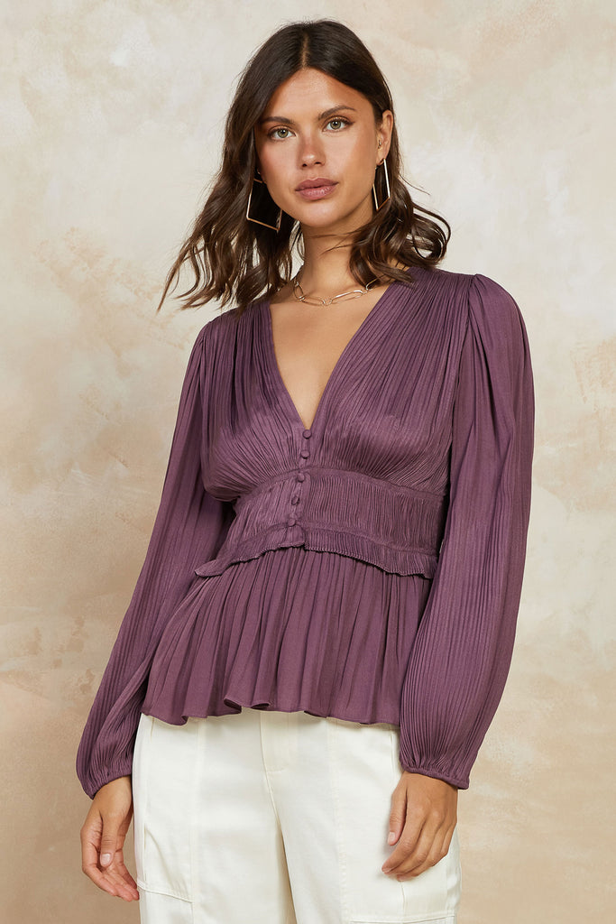 Pleated Button Front Blouse