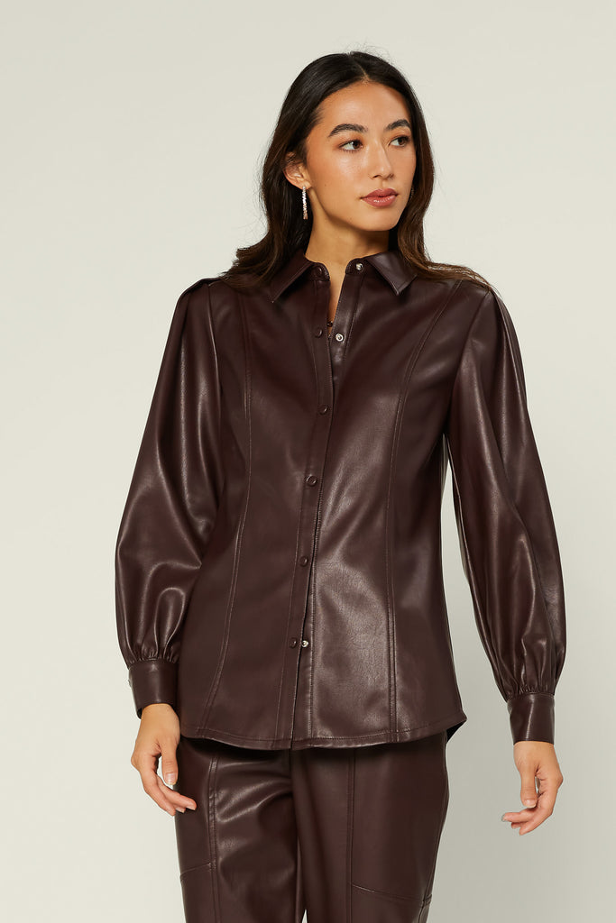 Faux Leather Button Down Top