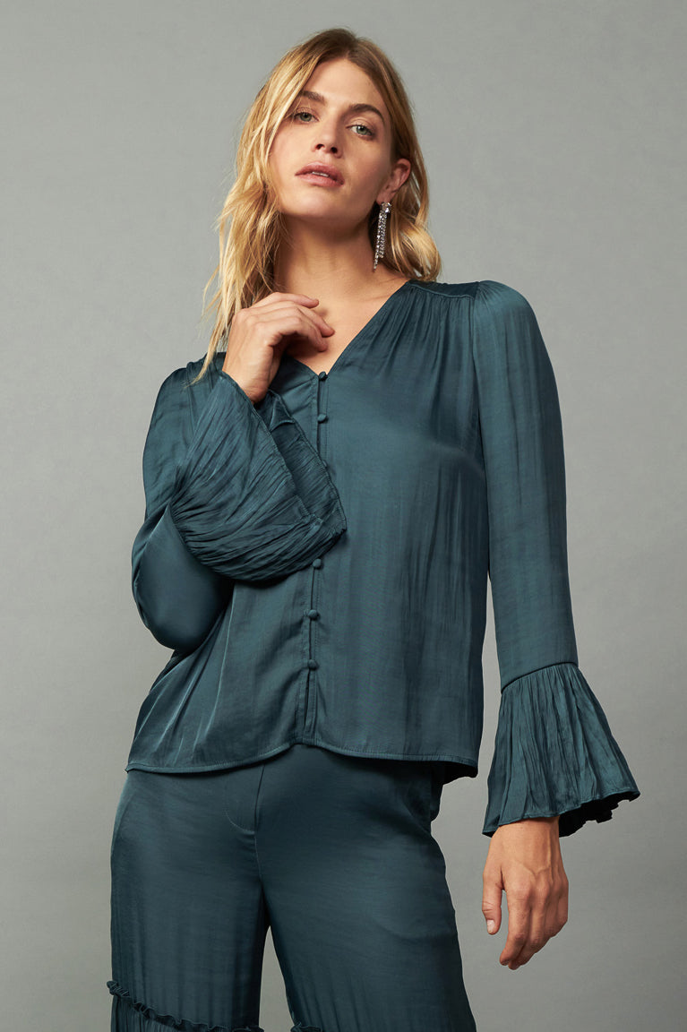 Pleated Sleeve Button Blouse