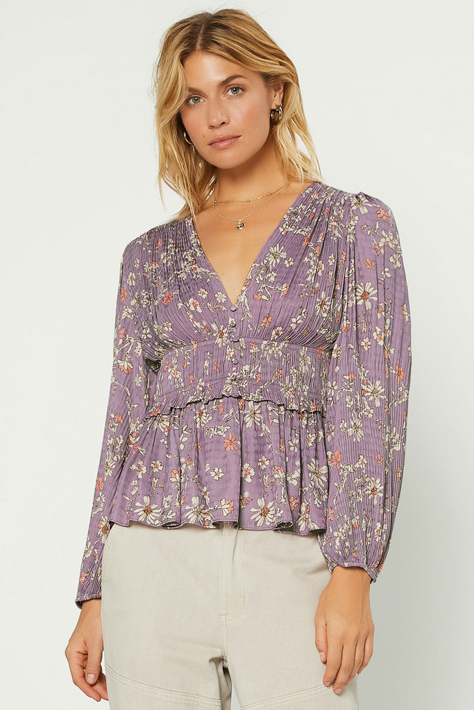 Floral Pleated Button Front Blouse